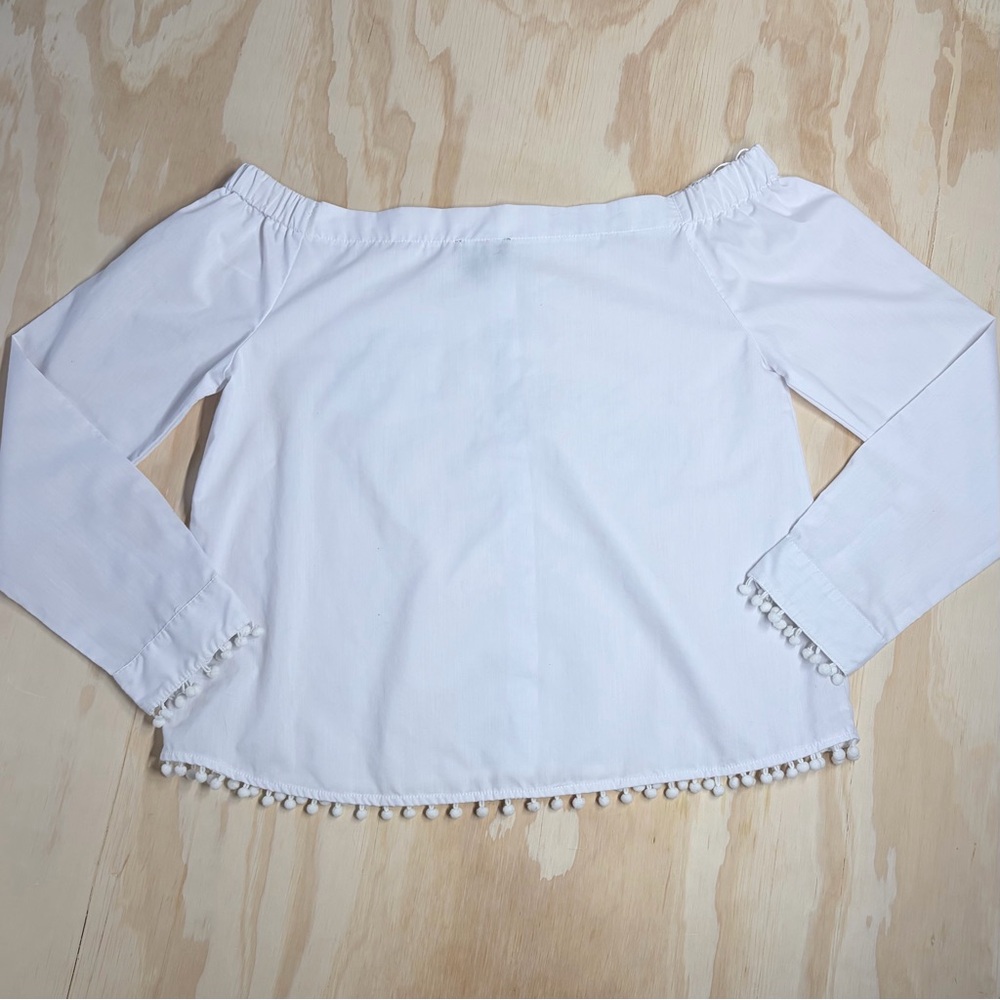 Lumière White Off Shoulder Blouse Pom Trim Boho Top Size L - Picture 2 of 5